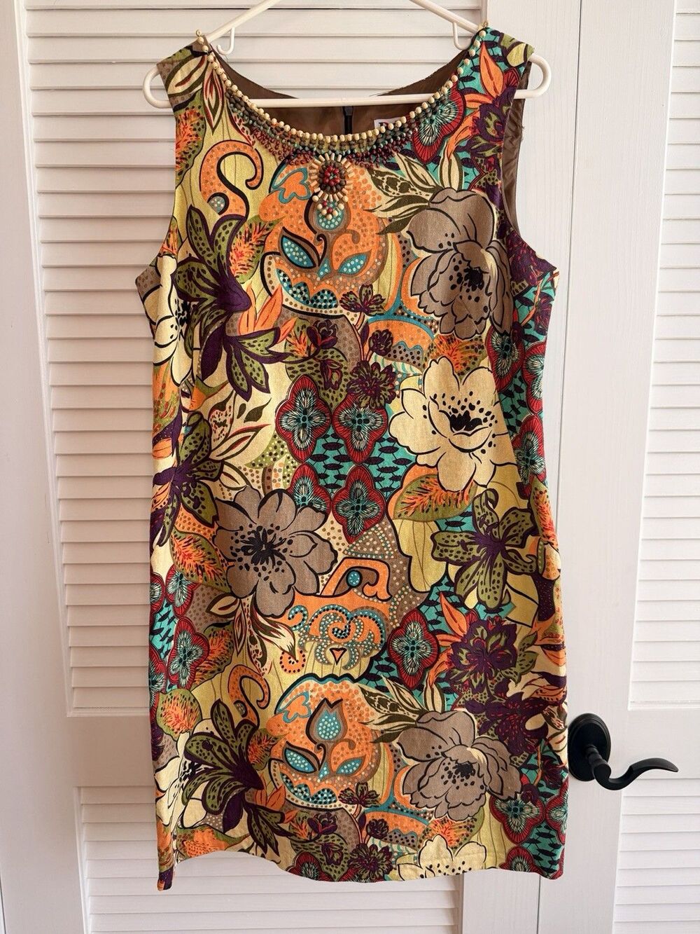 R&K Originals Beaded Linen Blend Shift Dress Size 14 Colorful Boho Artsy Resort